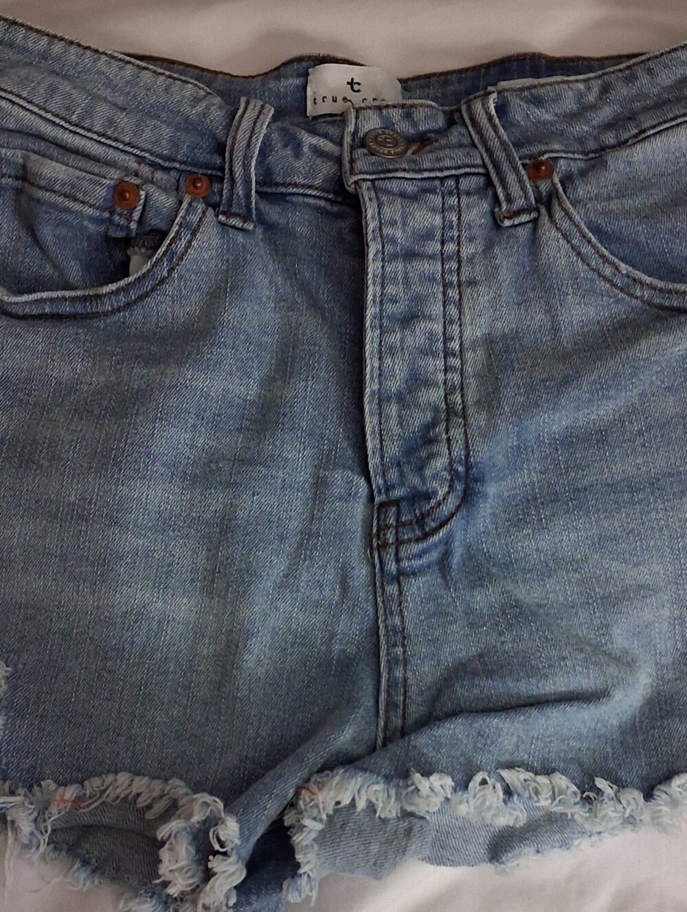 True Craft Light Blue Button Fly Frayed Hem Denim Shorts